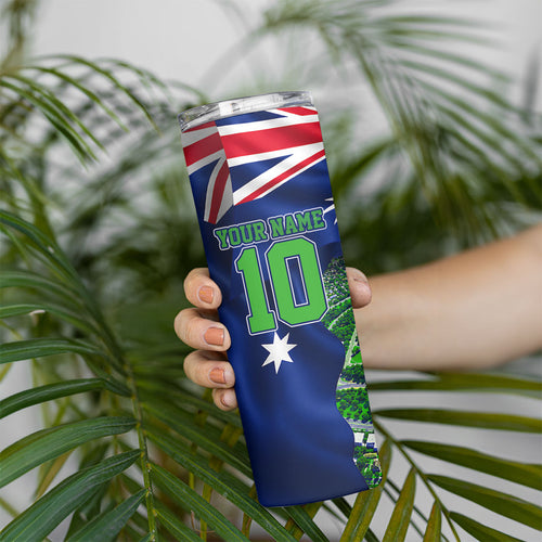 Personalized Canberra Raiders Rugby Skinny Tumbler Viking Mascot And Canberra Skyline Flag Art