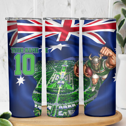 Personalized Canberra Raiders Rugby Skinny Tumbler Viking Mascot And Canberra Skyline Flag Art