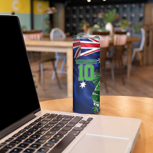 Personalized Canberra Raiders Rugby Skinny Tumbler Viking Mascot And Canberra Skyline Flag Art