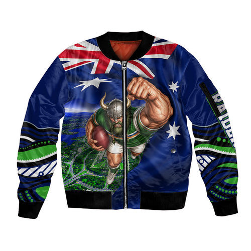 Personalized Canberra Raiders Rugby Sleeve Zip Bomber Jacket Viking Mascot And Canberra Skyline Flag Art