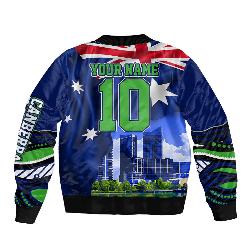Personalized Canberra Raiders Rugby Sleeve Zip Bomber Jacket Viking Mascot And Canberra Skyline Flag Art