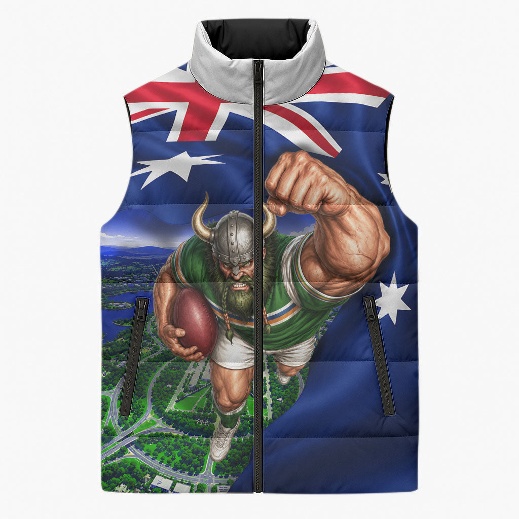 Personalized Canberra Raiders Rugby Sleeveless Puffer Jacket Viking Mascot And Canberra Skyline Flag Art