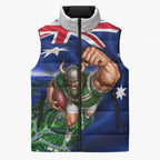 Personalized Canberra Raiders Rugby Sleeveless Puffer Jacket Viking Mascot And Canberra Skyline Flag Art