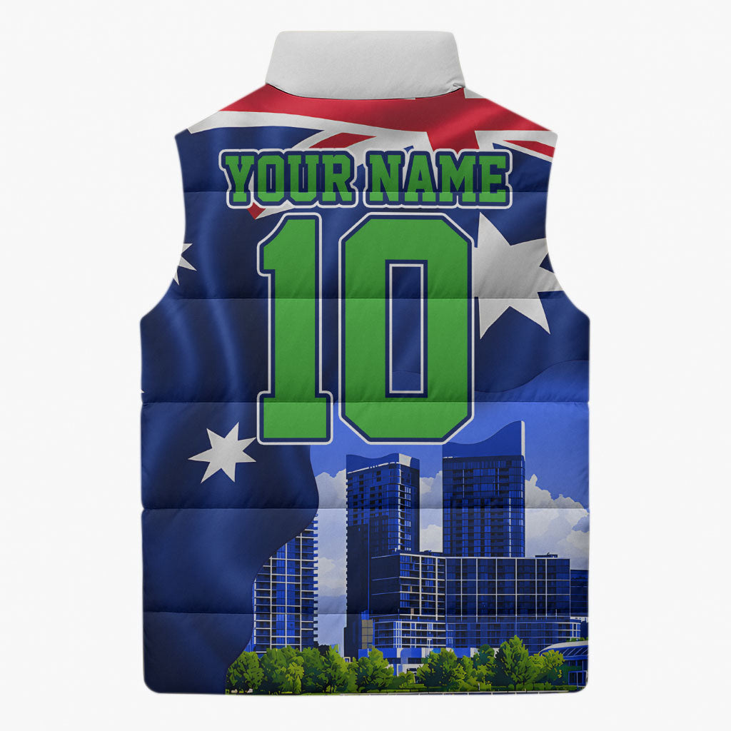 Personalized Canberra Raiders Rugby Sleeveless Puffer Jacket Viking Mascot And Canberra Skyline Flag Art