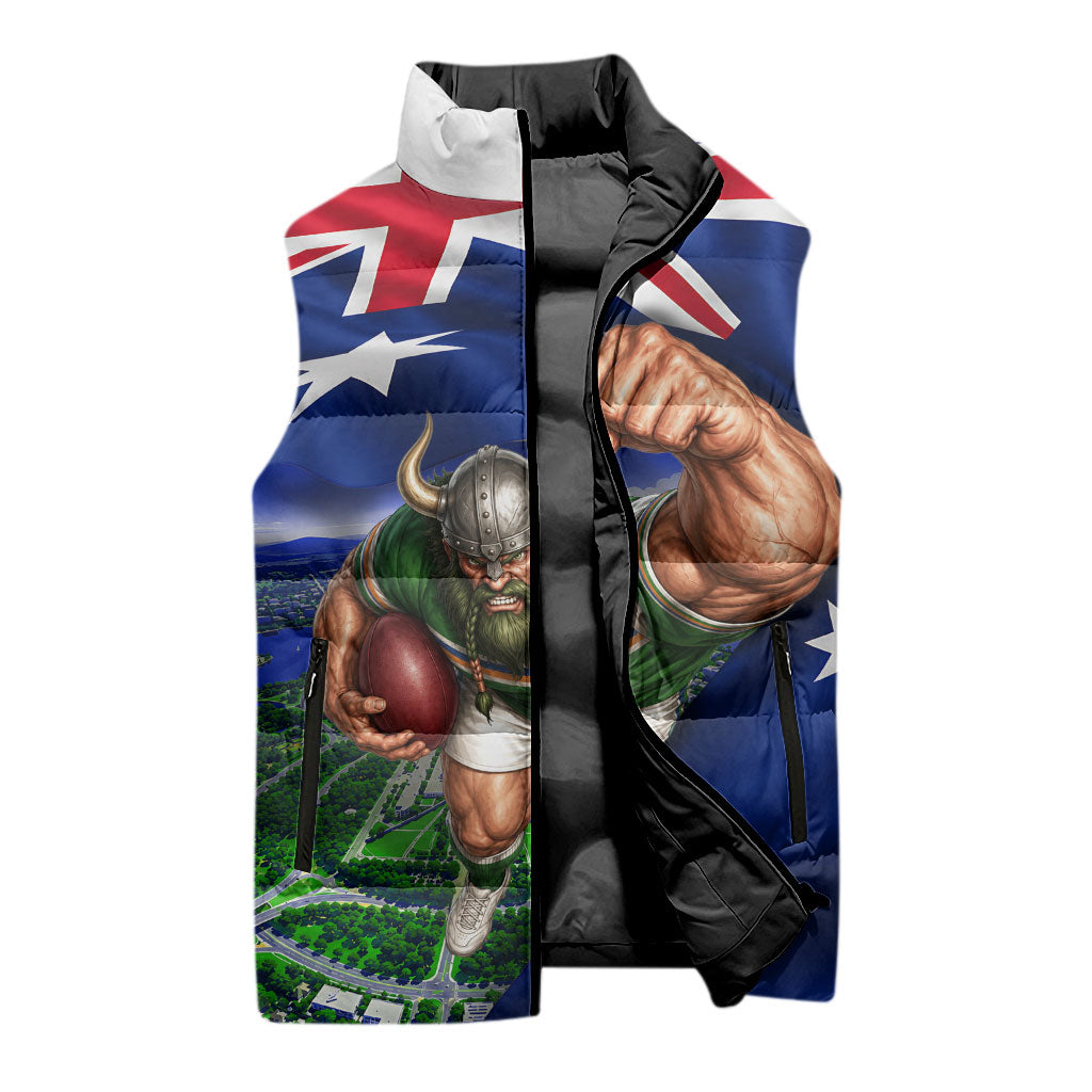 Personalized Canberra Raiders Rugby Sleeveless Puffer Jacket Viking Mascot And Canberra Skyline Flag Art