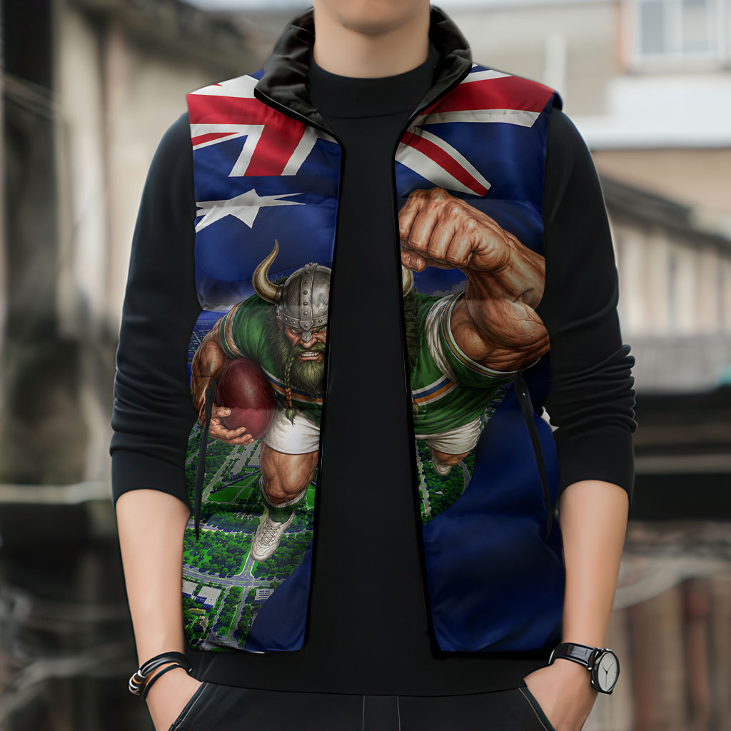 Personalized Canberra Raiders Rugby Sleeveless Puffer Jacket Viking Mascot And Canberra Skyline Flag Art