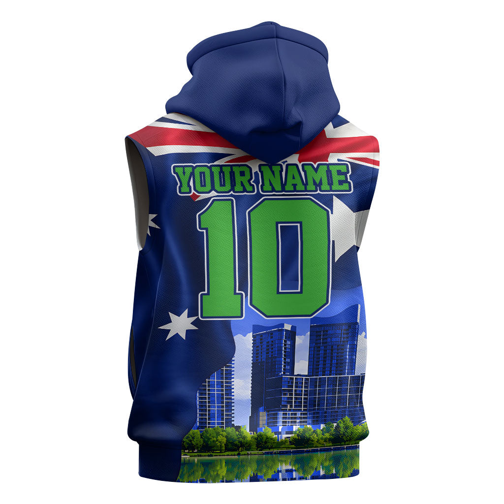 Personalized Canberra Raiders Rugby Sleeveless Zip Hoodie Viking Mascot And Canberra Skyline Flag Art