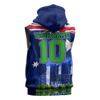 Personalized Canberra Raiders Rugby Sleeveless Zip Hoodie Viking Mascot And Canberra Skyline Flag Art