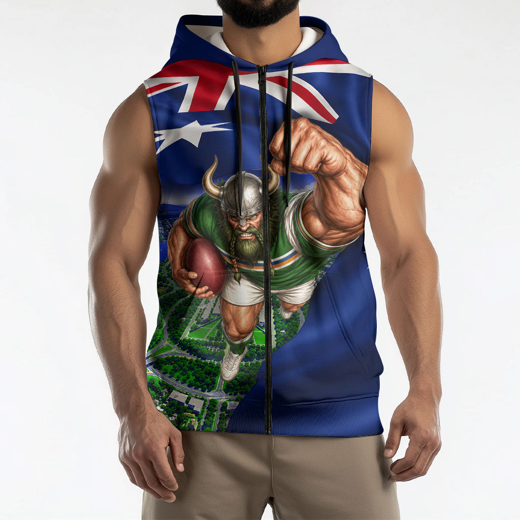 Personalized Canberra Raiders Rugby Sleeveless Zip Hoodie Viking Mascot And Canberra Skyline Flag Art