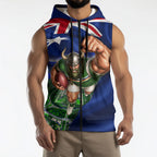 Personalized Canberra Raiders Rugby Sleeveless Zip Hoodie Viking Mascot And Canberra Skyline Flag Art