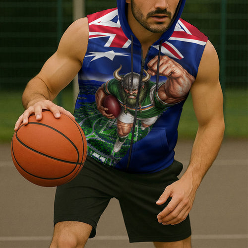 Personalized Canberra Raiders Rugby Sleeveless Zip Hoodie Viking Mascot And Canberra Skyline Flag Art