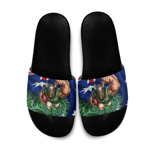 Personalized Canberra Raiders Rugby Slide Sandals Viking Mascot And Canberra Skyline Flag Art