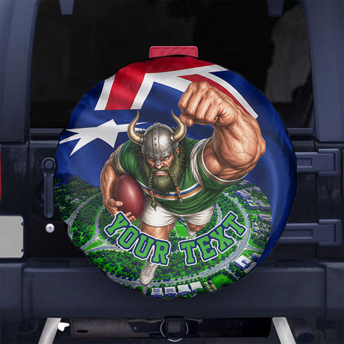 Personalized Canberra Raiders Rugby Spare Tire Cover Viking Mascot And Canberra Skyline Flag Art