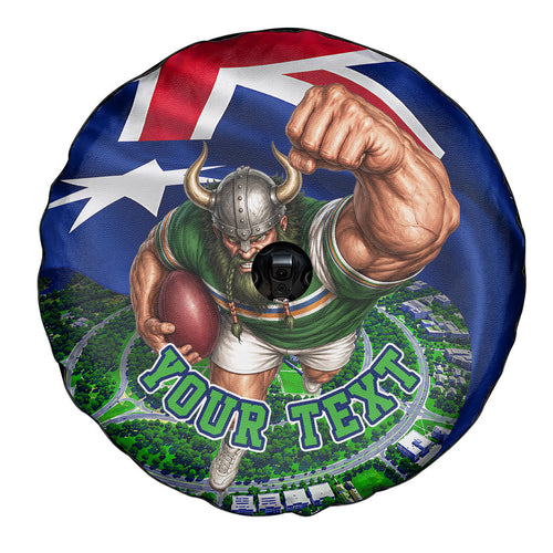 Personalized Canberra Raiders Rugby Spare Tire Cover Viking Mascot And Canberra Skyline Flag Art