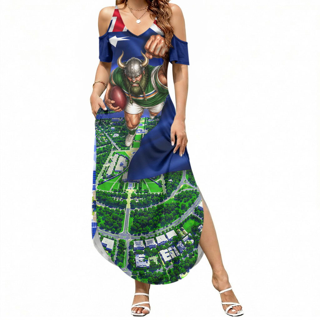 Personalized Canberra Raiders Rugby Summer Maxi Dress Viking Mascot And Canberra Skyline Flag Art