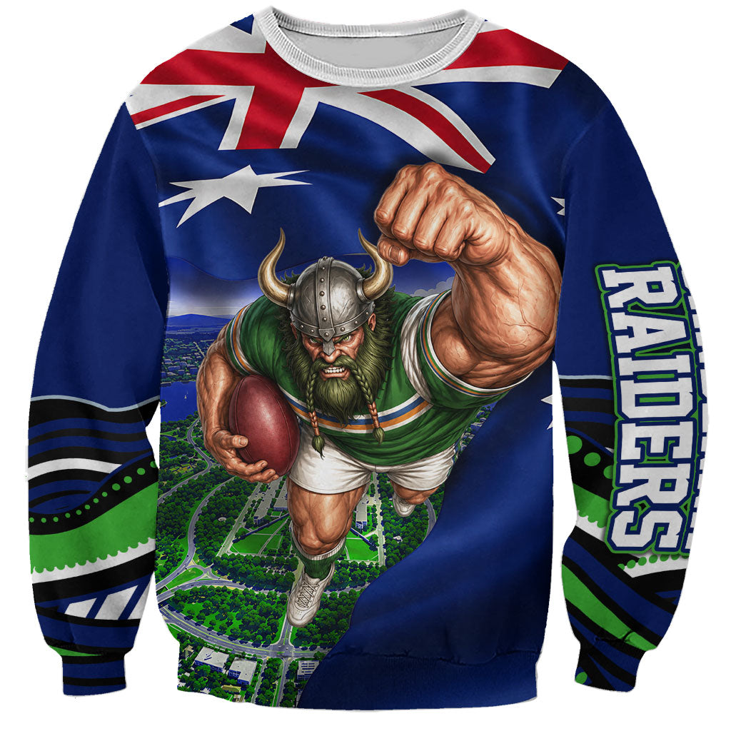 Personalized Canberra Raiders Rugby Sweatshirt Viking Mascot And Canberra Skyline Flag Art