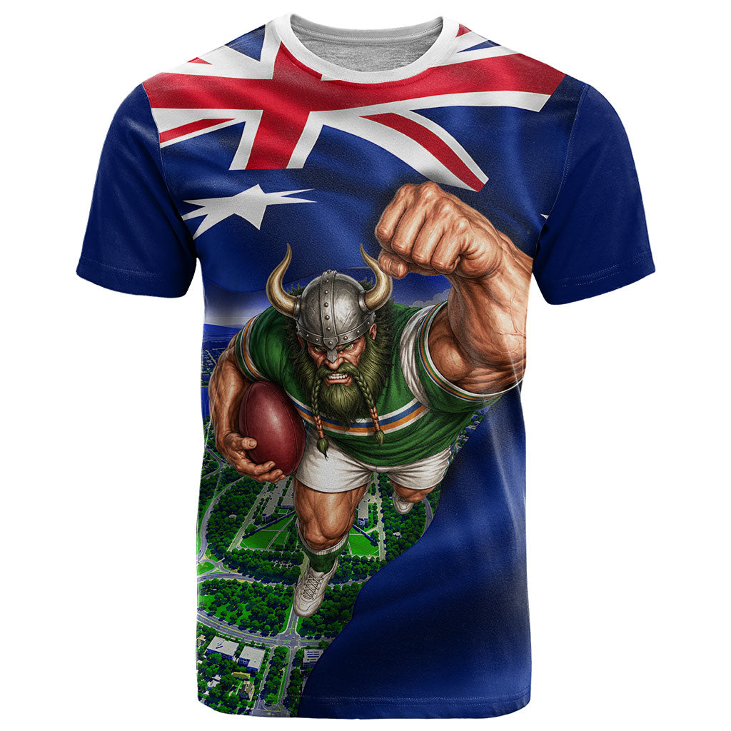 Personalized Canberra Raiders Rugby T Shirt Viking Mascot And Canberra Skyline Flag Art