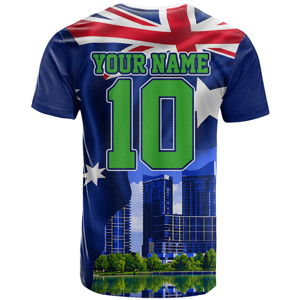 Personalized Canberra Raiders Rugby T Shirt Viking Mascot And Canberra Skyline Flag Art