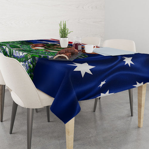 Personalized Canberra Raiders Rugby Tablecloth Viking Mascot And Canberra Skyline Flag Art