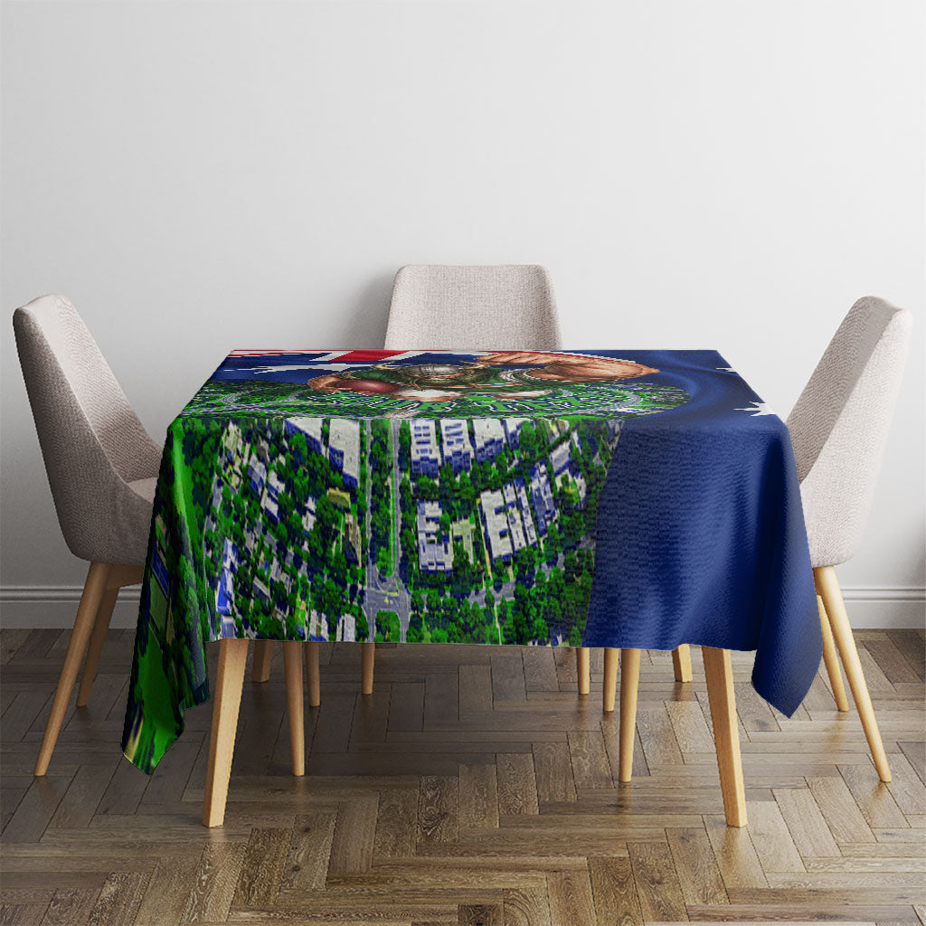 Personalized Canberra Raiders Rugby Tablecloth Viking Mascot And Canberra Skyline Flag Art