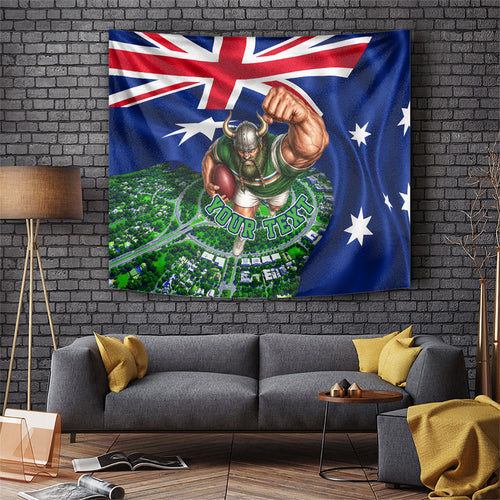 Personalized Canberra Raiders Rugby Tapestry Viking Mascot And Canberra Skyline Flag Art