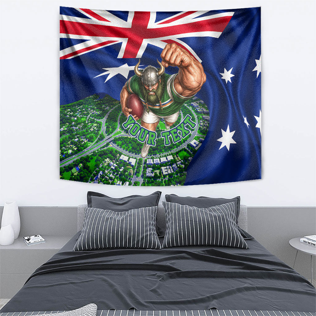 Personalized Canberra Raiders Rugby Tapestry Viking Mascot And Canberra Skyline Flag Art