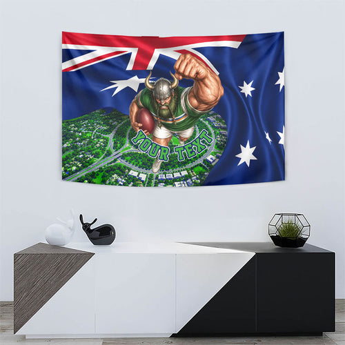 Personalized Canberra Raiders Rugby Tapestry Viking Mascot And Canberra Skyline Flag Art