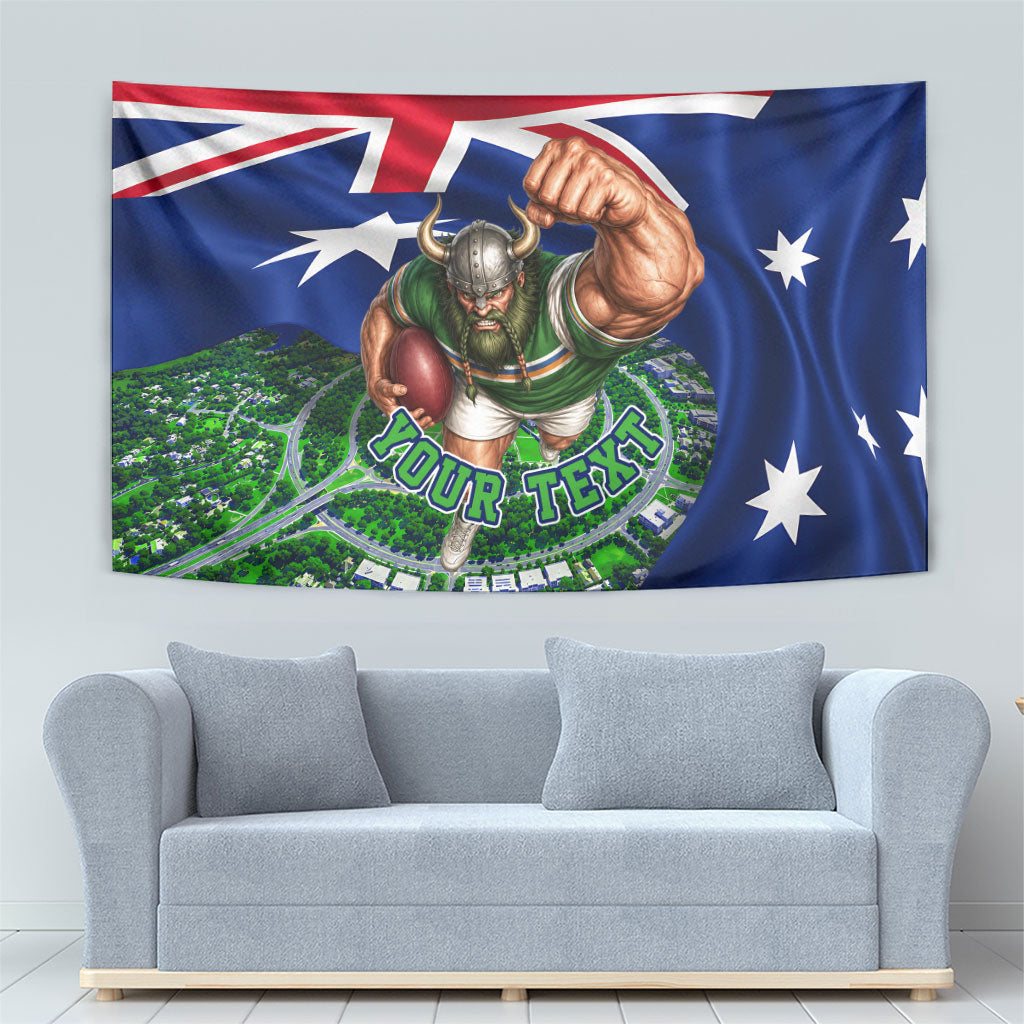 Personalized Canberra Raiders Rugby Tapestry Viking Mascot And Canberra Skyline Flag Art