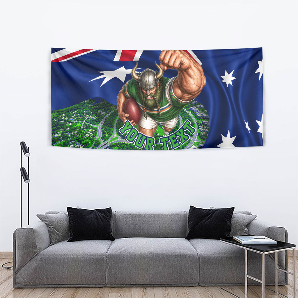 Personalized Canberra Raiders Rugby Tapestry Viking Mascot And Canberra Skyline Flag Art