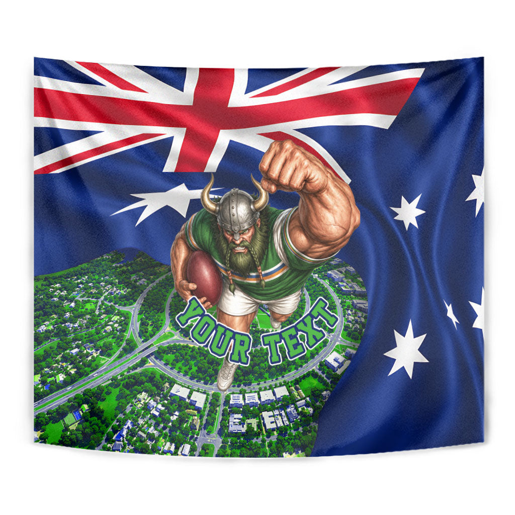 Personalized Canberra Raiders Rugby Tapestry Viking Mascot And Canberra Skyline Flag Art
