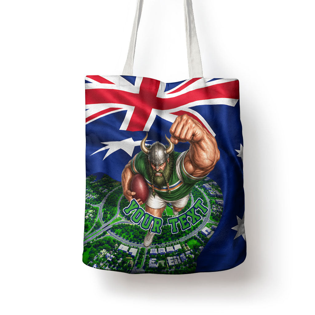 Personalized Canberra Raiders Rugby Tote Bag Viking Mascot And Canberra Skyline Flag Art