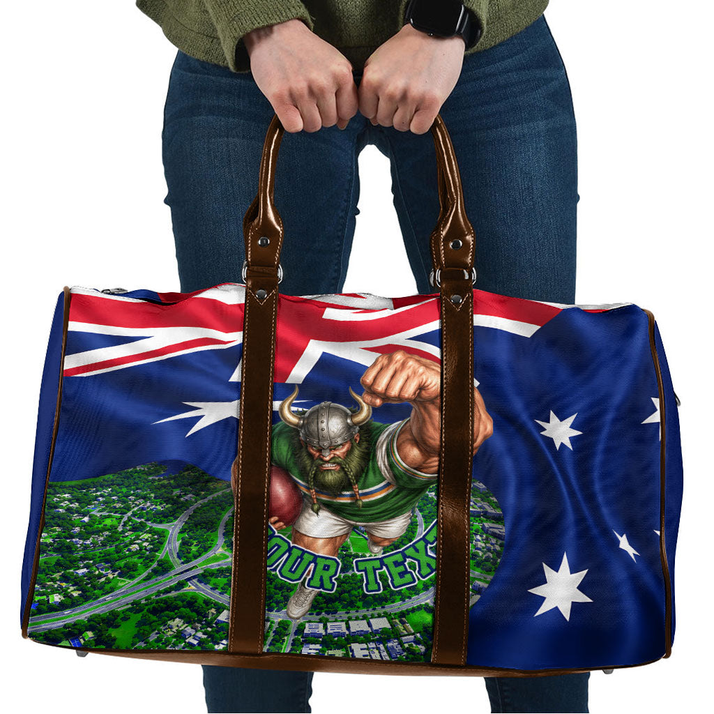 Personalized Canberra Raiders Rugby Travel Bag Viking Mascot And Canberra Skyline Flag Art