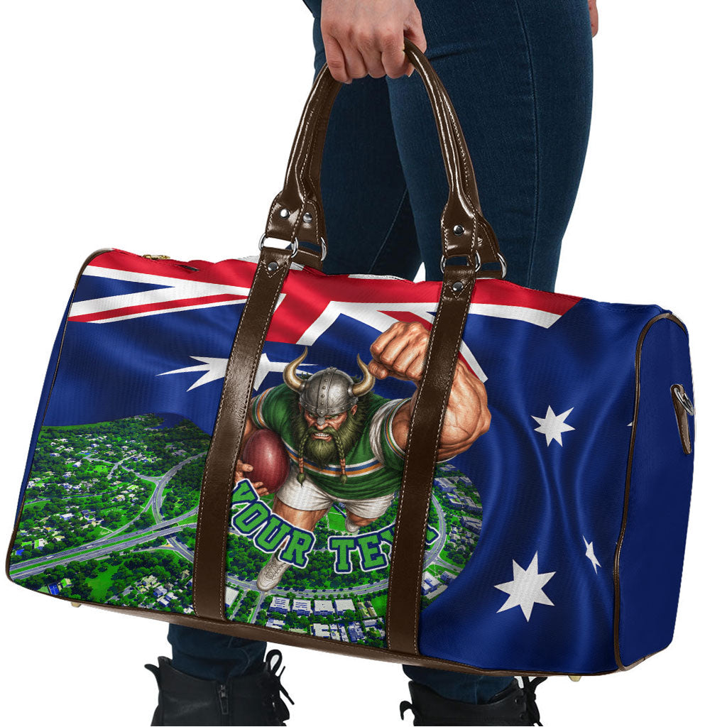 Personalized Canberra Raiders Rugby Travel Bag Viking Mascot And Canberra Skyline Flag Art