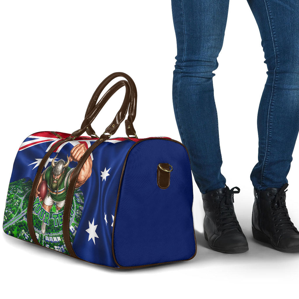 Personalized Canberra Raiders Rugby Travel Bag Viking Mascot And Canberra Skyline Flag Art