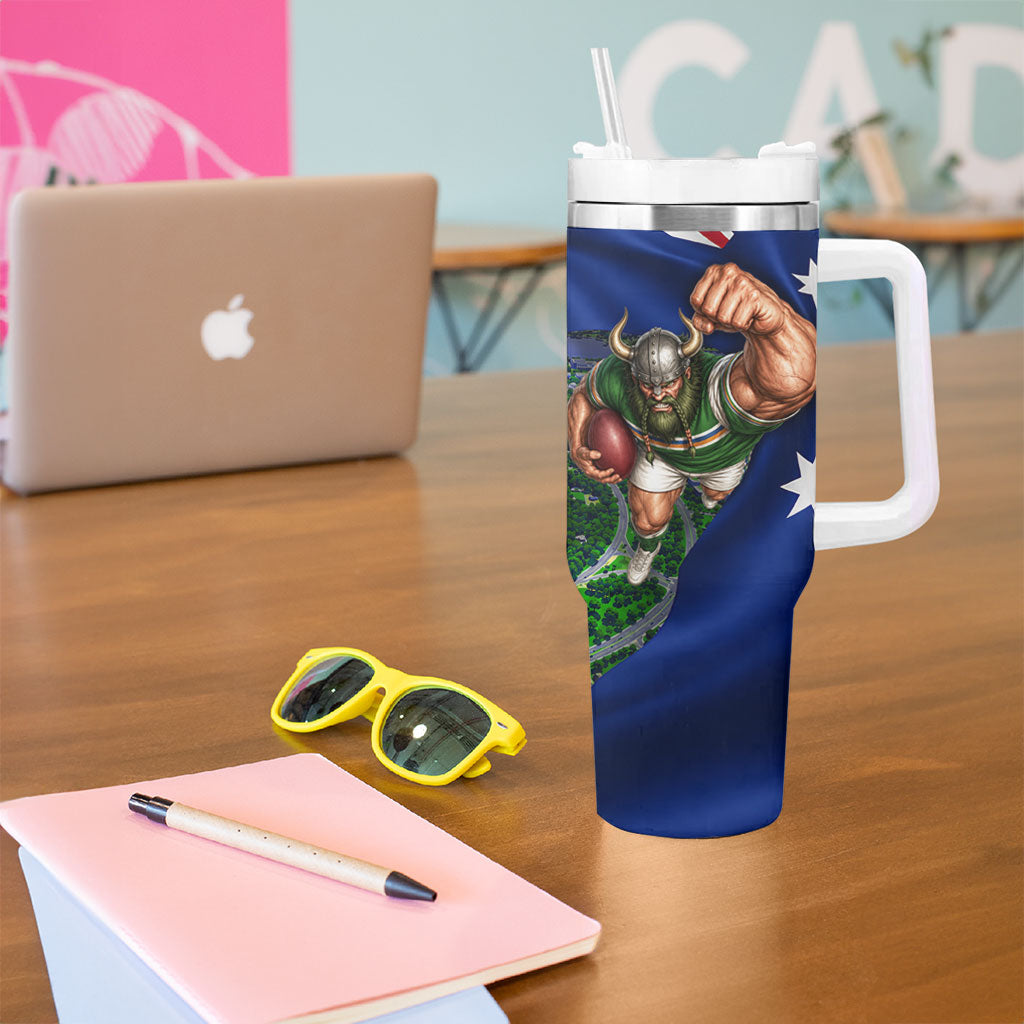 Personalized Canberra Raiders Rugby Tumbler With Handle Viking Mascot And Canberra Skyline Flag Art