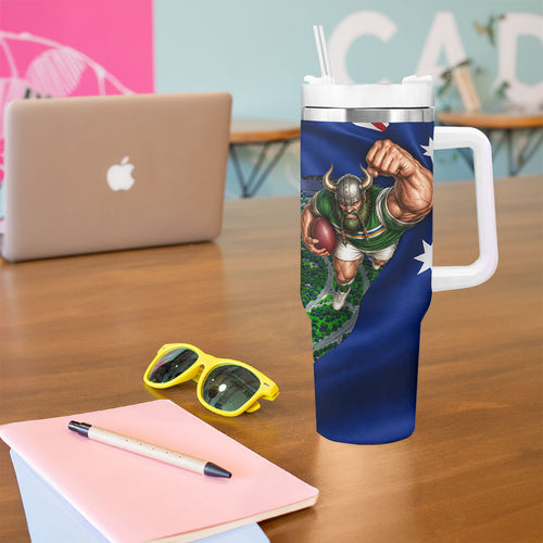 Personalized Canberra Raiders Rugby Tumbler With Handle Viking Mascot And Canberra Skyline Flag Art