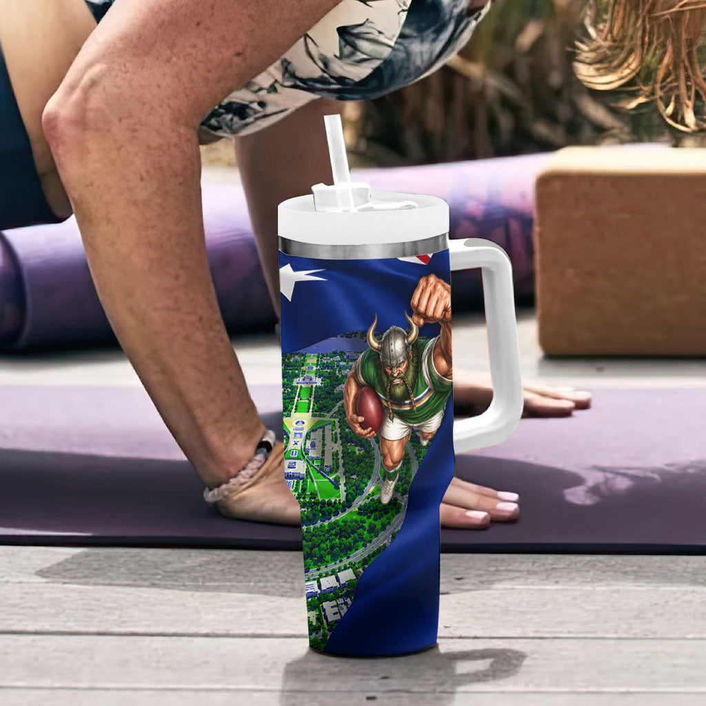 Personalized Canberra Raiders Rugby Tumbler With Handle Viking Mascot And Canberra Skyline Flag Art