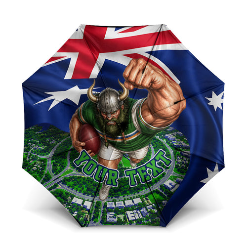 Personalized Canberra Raiders Rugby Umbrella Viking Mascot And Canberra Skyline Flag Art