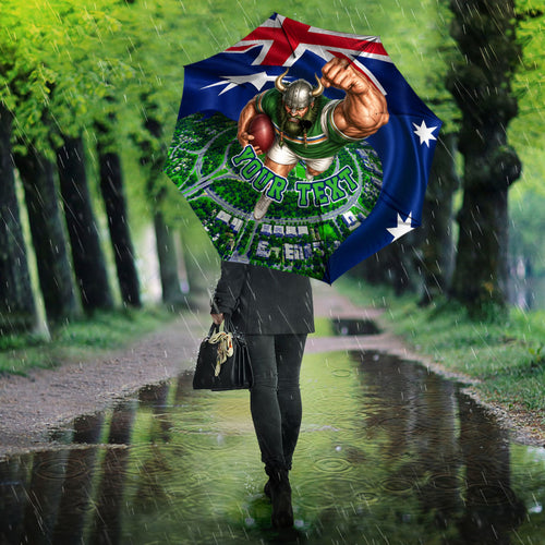 Personalized Canberra Raiders Rugby Umbrella Viking Mascot And Canberra Skyline Flag Art