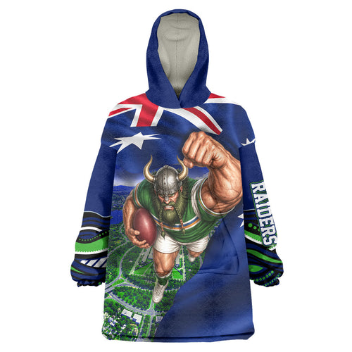 Personalized Canberra Raiders Rugby Wearable Blanket Hoodie Viking Mascot And Canberra Skyline Flag Art