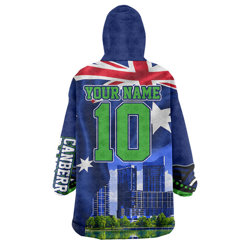 Personalized Canberra Raiders Rugby Wearable Blanket Hoodie Viking Mascot And Canberra Skyline Flag Art