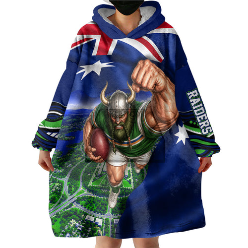 Personalized Canberra Raiders Rugby Wearable Blanket Hoodie Viking Mascot And Canberra Skyline Flag Art