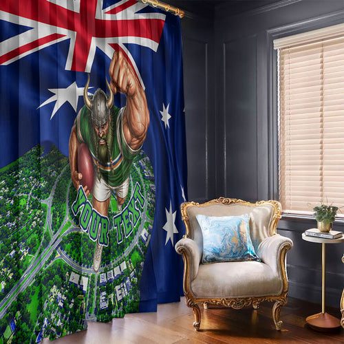 Personalized Canberra Raiders Rugby Window Curtain Viking Mascot And Canberra Skyline Flag Art