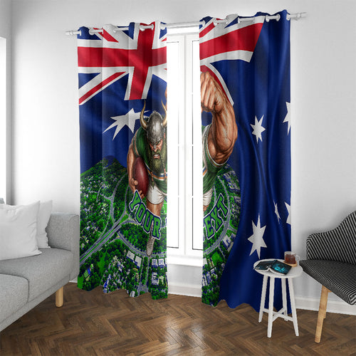 Personalized Canberra Raiders Rugby Window Curtain Viking Mascot And Canberra Skyline Flag Art