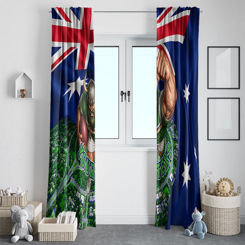 Personalized Canberra Raiders Rugby Window Curtain Viking Mascot And Canberra Skyline Flag Art