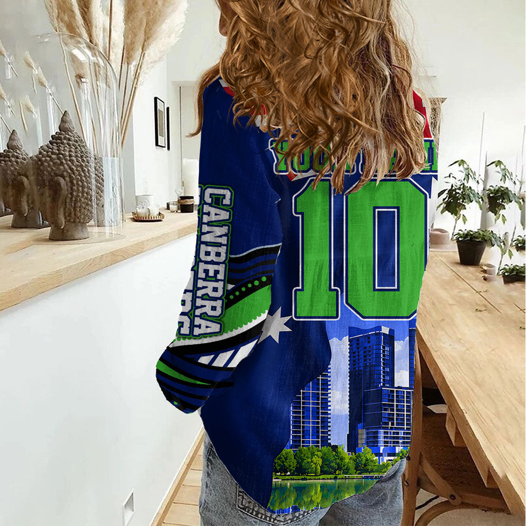 Personalized Canberra Raiders Rugby Women Casual Shirt Viking Mascot And Canberra Skyline Flag Art