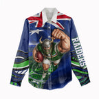Personalized Canberra Raiders Rugby Women Casual Shirt Viking Mascot And Canberra Skyline Flag Art