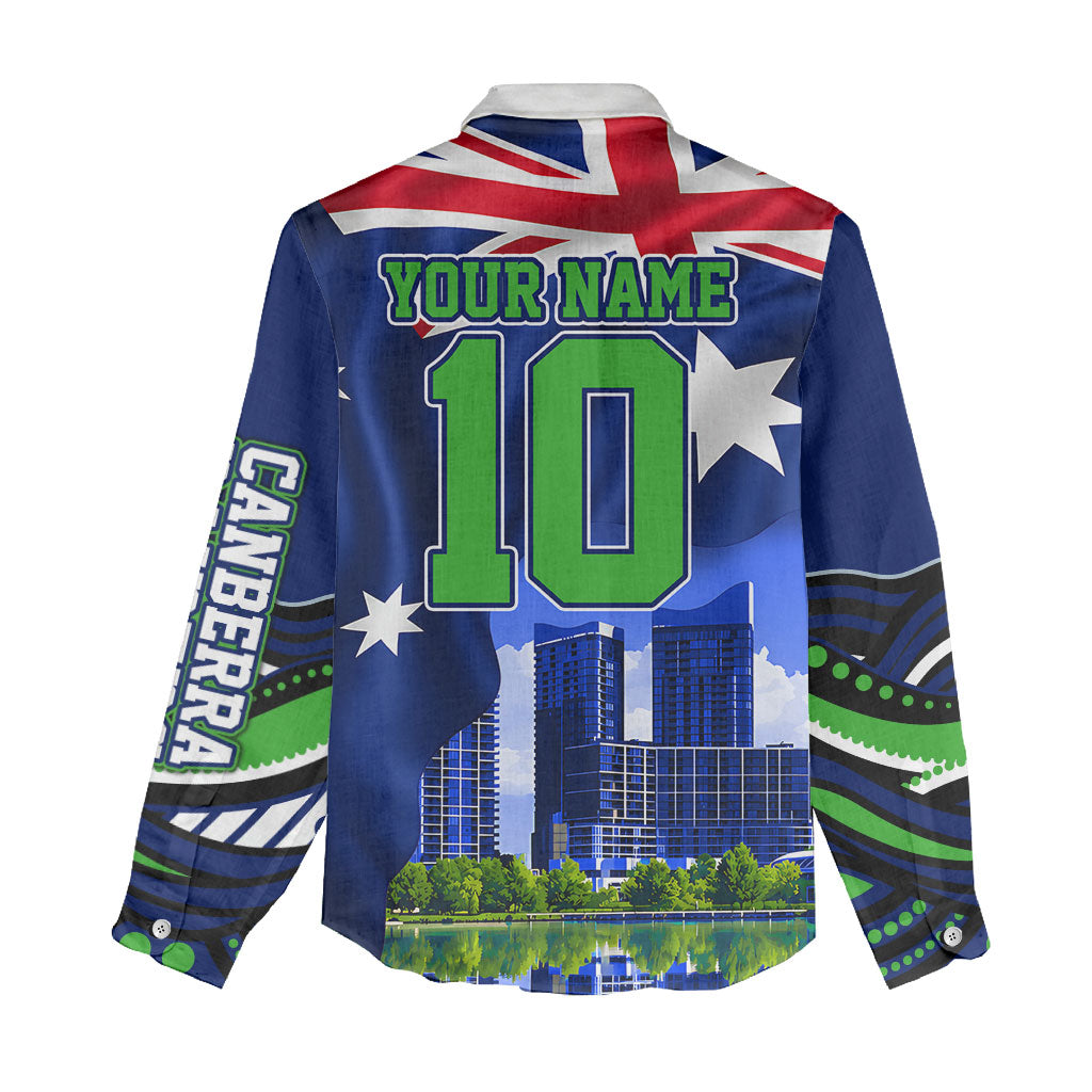 Personalized Canberra Raiders Rugby Women Casual Shirt Viking Mascot And Canberra Skyline Flag Art