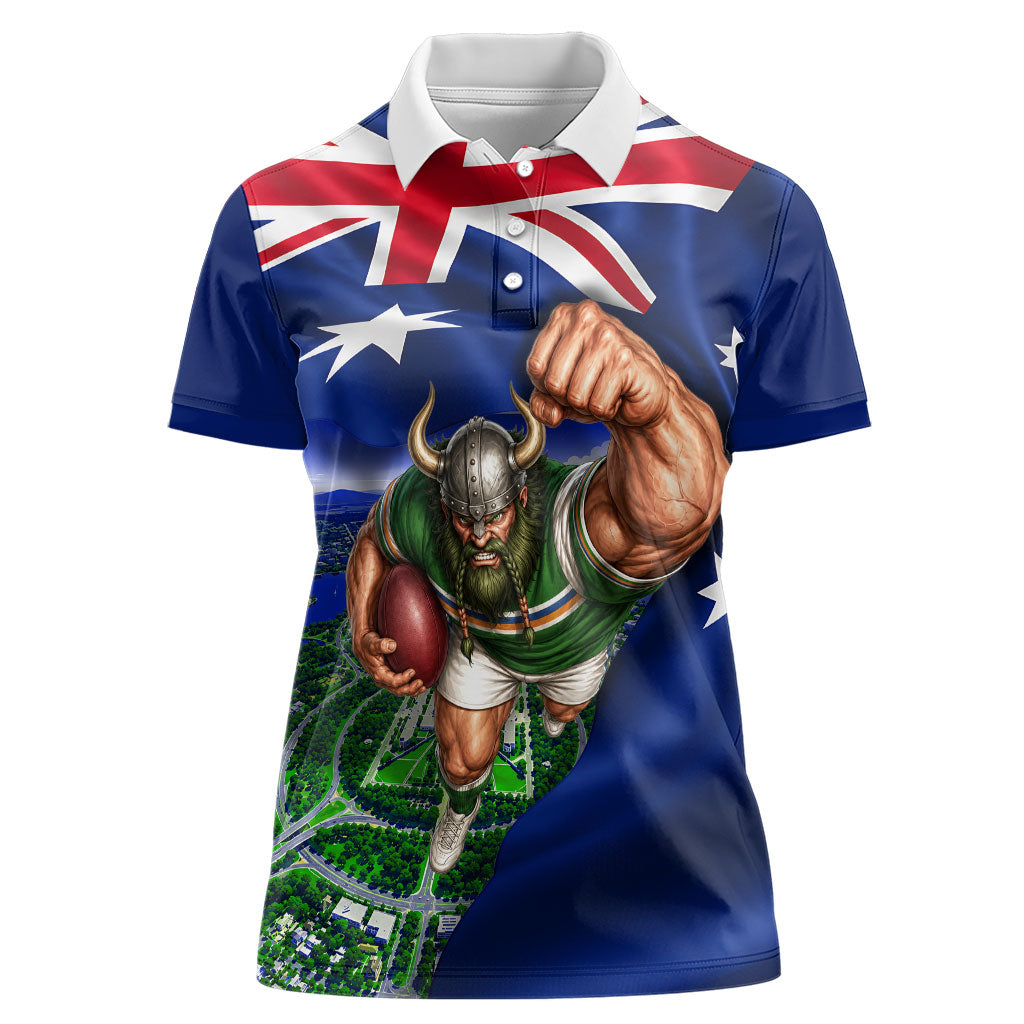 Personalized Canberra Raiders Rugby Women Polo Shirt Viking Mascot And Canberra Skyline Flag Art