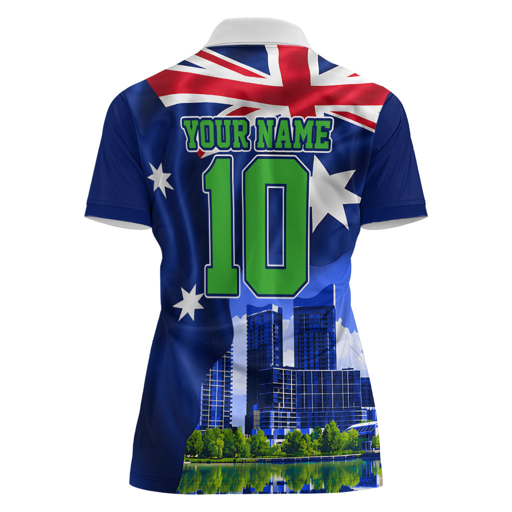 Personalized Canberra Raiders Rugby Women Polo Shirt Viking Mascot And Canberra Skyline Flag Art